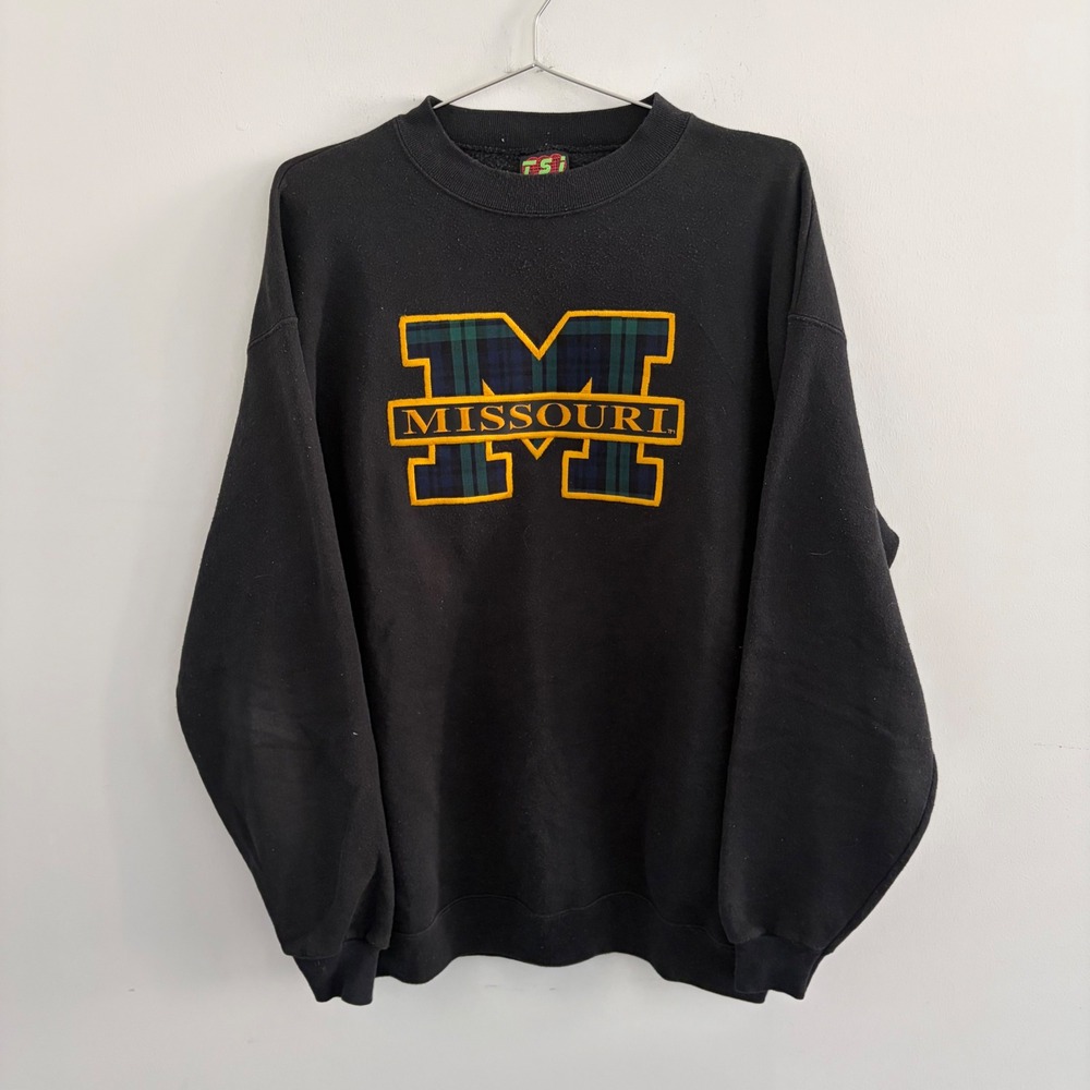 Vintage TSI Missouri University Sweatshirt Black Plaid Logo Mens Large USA Made